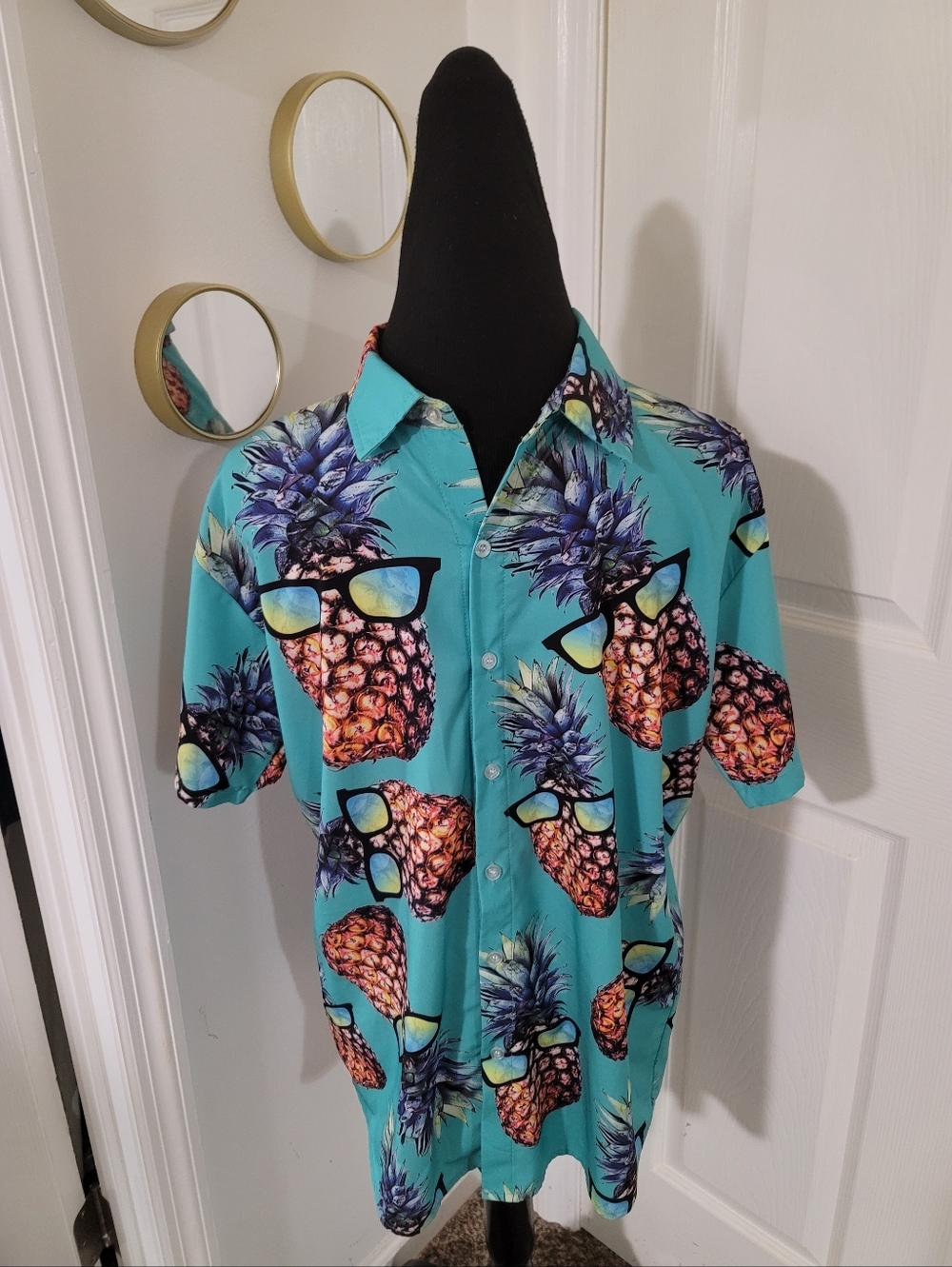 Hawaiian Men's Teal Pineapple Print Short-Sleeve Shirt Button Down Vacation